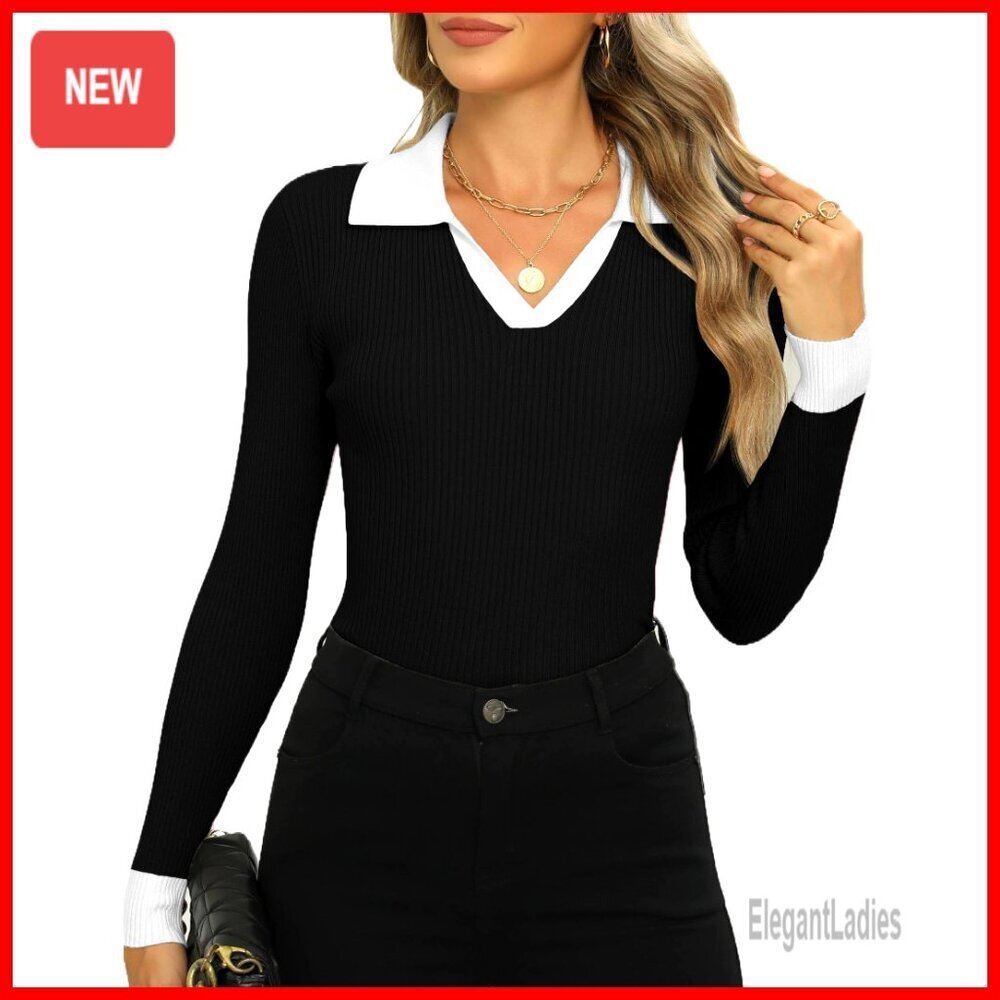Long Sleeve V Neck Ribbed Knit Sweater Top Slim Fitted Pullover